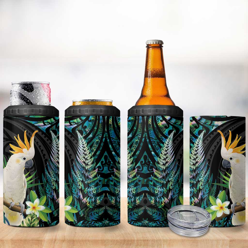 Sulphur-crested Cockatoo New Zealand 4 in 1 Can Cooler Tumbler Paua Shell Aotearoa Maori Tropical Flowers LT14 - Polynesian Pride