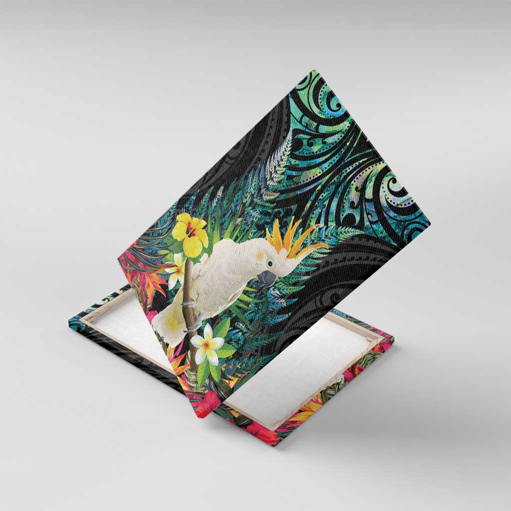 Sulphur-crested Cockatoo New Zealand Canvas Wall Art Paua Shell Aotearoa Maori Tropical Flowers LT14 With Frame Black - Polynesian Pride