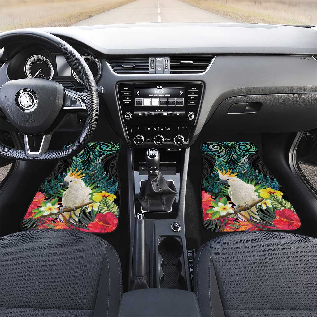 Sulphur-crested Cockatoo New Zealand Car Mats Paua Shell Aotearoa Maori Tropical Flowers LT14 Set 2pcs - Front Black - Polynesian Pride