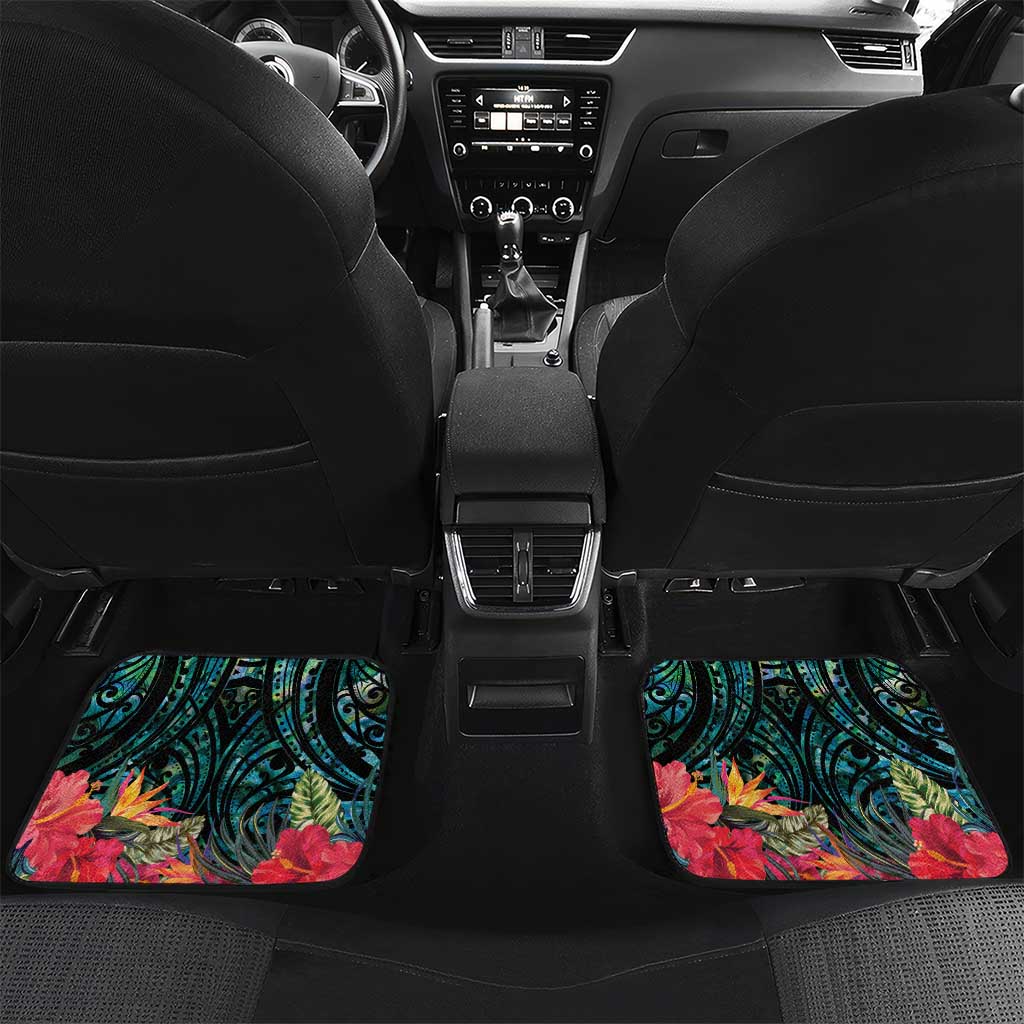 Sulphur-crested Cockatoo New Zealand Car Mats Paua Shell Aotearoa Maori Tropical Flowers LT14 Set 2pcs - Back Black - Polynesian Pride