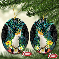 Sulphur-crested Cockatoo New Zealand Ceramic Ornament Paua Shell Aotearoa Maori Tropical Flowers LT14 Oval Black - Polynesian Pride