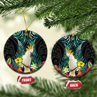 Sulphur-crested Cockatoo New Zealand Ceramic Ornament Paua Shell Aotearoa Maori Tropical Flowers LT14 Circle Black - Polynesian Pride