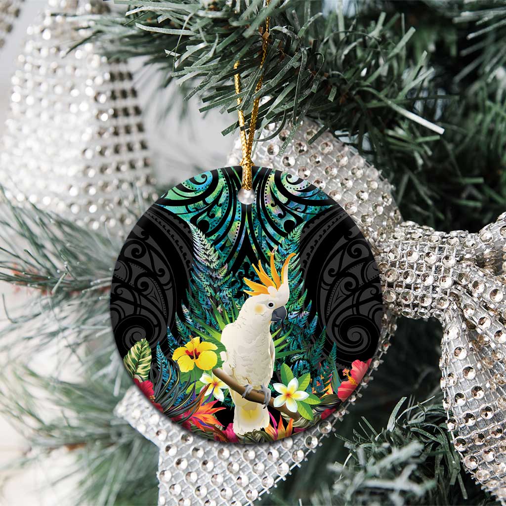 Sulphur-crested Cockatoo New Zealand Ceramic Ornament Paua Shell Aotearoa Maori Tropical Flowers LT14 - Polynesian Pride