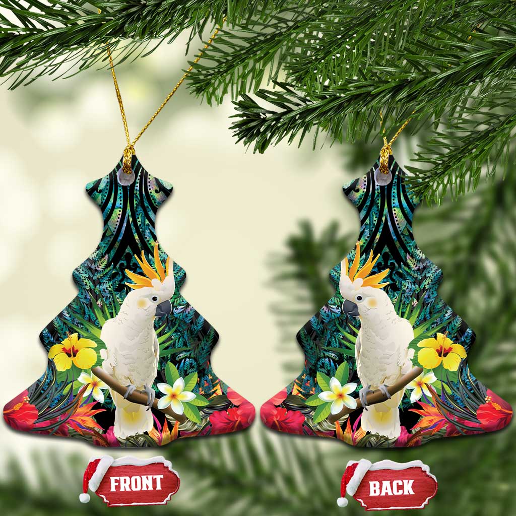Sulphur-crested Cockatoo New Zealand Ceramic Ornament Paua Shell Aotearoa Maori Tropical Flowers LT14 Christmas Tree Black - Polynesian Pride
