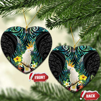 Sulphur-crested Cockatoo New Zealand Ceramic Ornament Paua Shell Aotearoa Maori Tropical Flowers LT14 Heart Black - Polynesian Pride