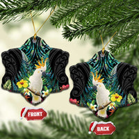 Sulphur-crested Cockatoo New Zealand Ceramic Ornament Paua Shell Aotearoa Maori Tropical Flowers LT14 Snow Flake Black - Polynesian Pride