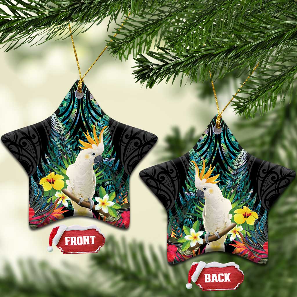 Sulphur-crested Cockatoo New Zealand Ceramic Ornament Paua Shell Aotearoa Maori Tropical Flowers LT14 Star Black - Polynesian Pride