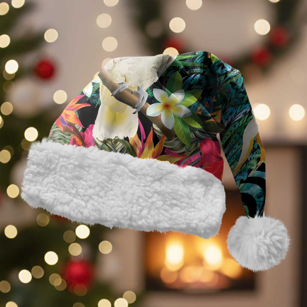 Sulphur-crested Cockatoo New Zealand Christmas Santa Hat Paua Shell Aotearoa Maori Tropical Flowers LT14 With Fur Black - Polynesian Pride