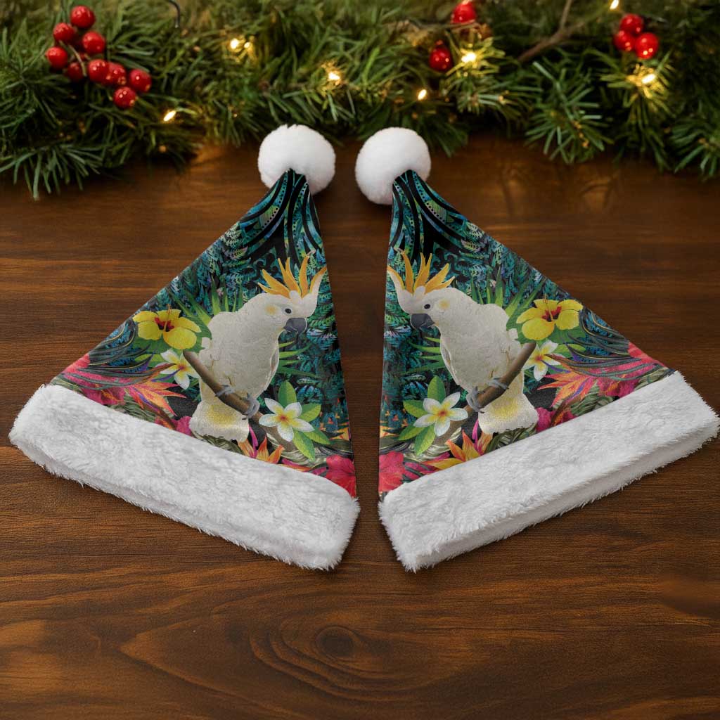 Sulphur-crested Cockatoo New Zealand Christmas Santa Hat Paua Shell Aotearoa Maori Tropical Flowers LT14 - Polynesian Pride