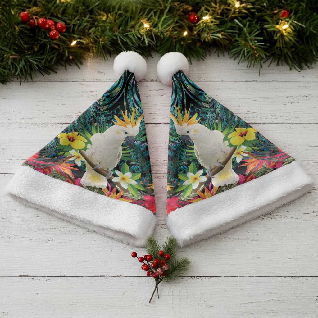Sulphur-crested Cockatoo New Zealand Christmas Santa Hat Paua Shell Aotearoa Maori Tropical Flowers LT14 - Polynesian Pride