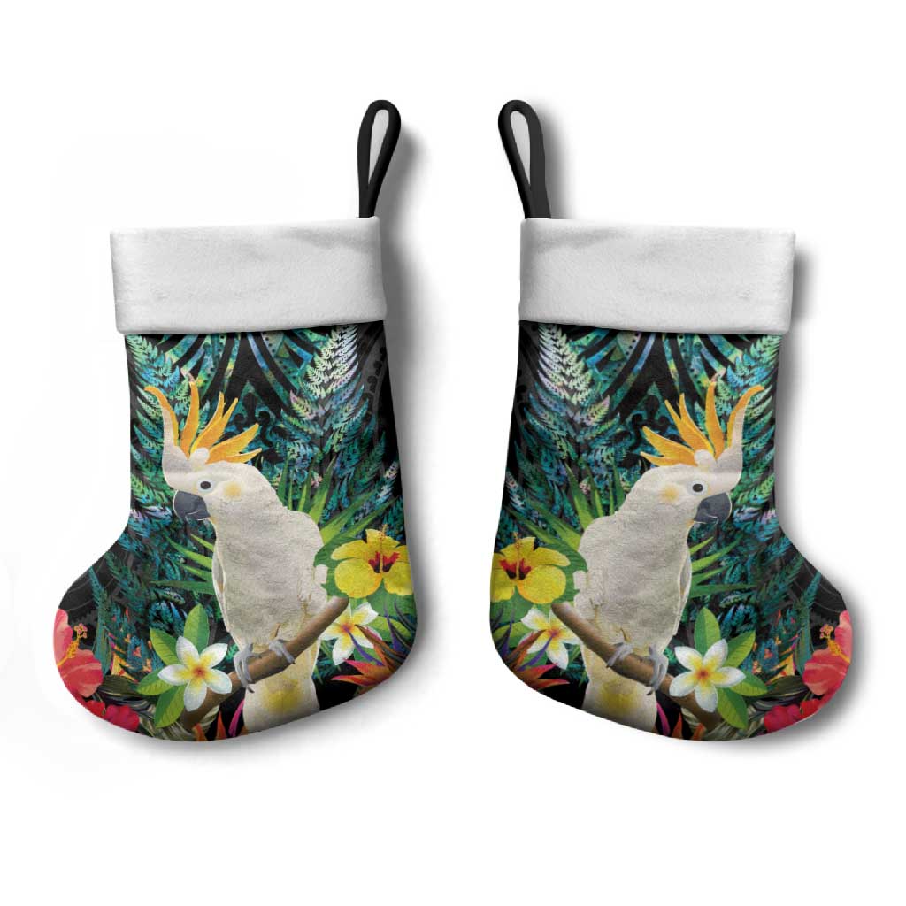 Sulphur-crested Cockatoo New Zealand Christmas Stocking Paua Shell Aotearoa Maori Tropical Flowers LT14 - Polynesian Pride