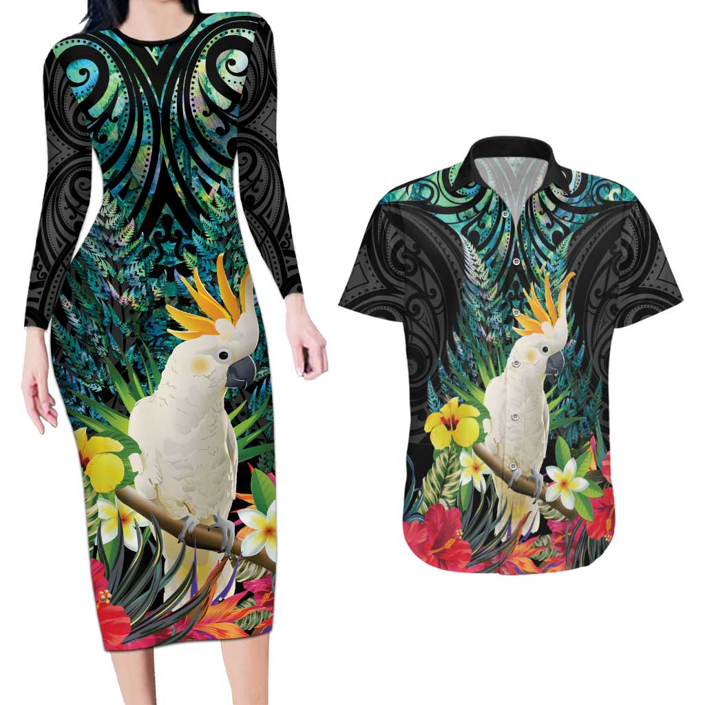 Sulphur-crested Cockatoo New Zealand Couples Matching Long Sleeve Bodycon Dress and Hawaiian Shirt Paua Shell Aotearoa Maori Tropical Flowers LT14 Black - Polynesian Pride