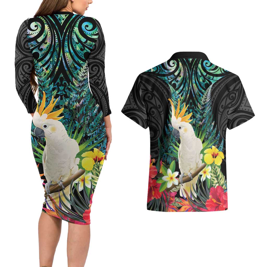 Sulphur-crested Cockatoo New Zealand Couples Matching Long Sleeve Bodycon Dress and Hawaiian Shirt Paua Shell Aotearoa Maori Tropical Flowers LT14 - Polynesian Pride