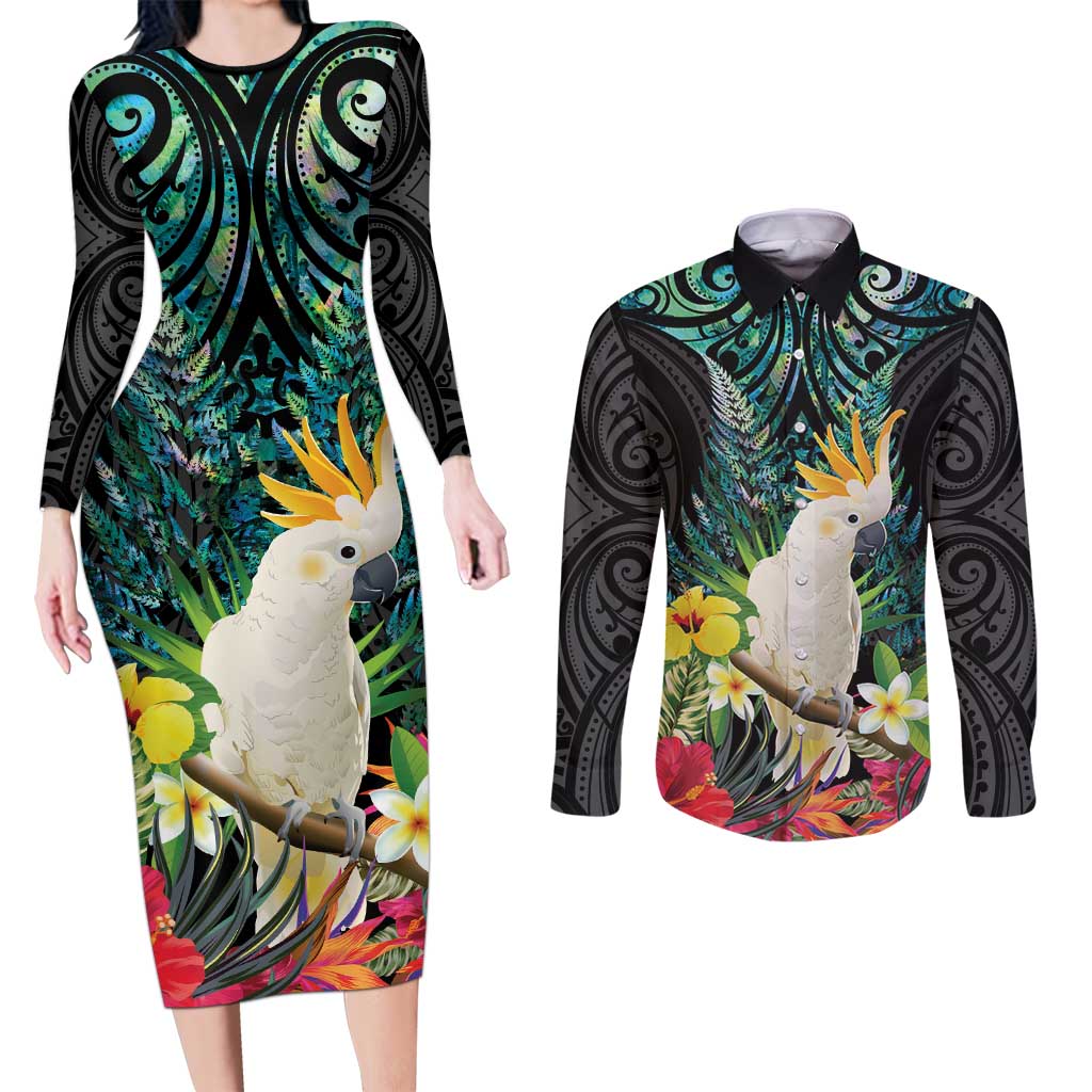Sulphur-crested Cockatoo New Zealand Couples Matching Long Sleeve Bodycon Dress and Long Sleeve Button Shirt Paua Shell Aotearoa Maori Tropical Flowers LT14 Black - Polynesian Pride