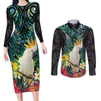 Sulphur-crested Cockatoo New Zealand Couples Matching Long Sleeve Bodycon Dress and Long Sleeve Button Shirt Paua Shell Aotearoa Maori Tropical Flowers LT14 Black - Polynesian Pride