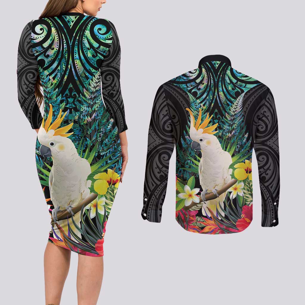 Sulphur-crested Cockatoo New Zealand Couples Matching Long Sleeve Bodycon Dress and Long Sleeve Button Shirt Paua Shell Aotearoa Maori Tropical Flowers LT14 - Polynesian Pride