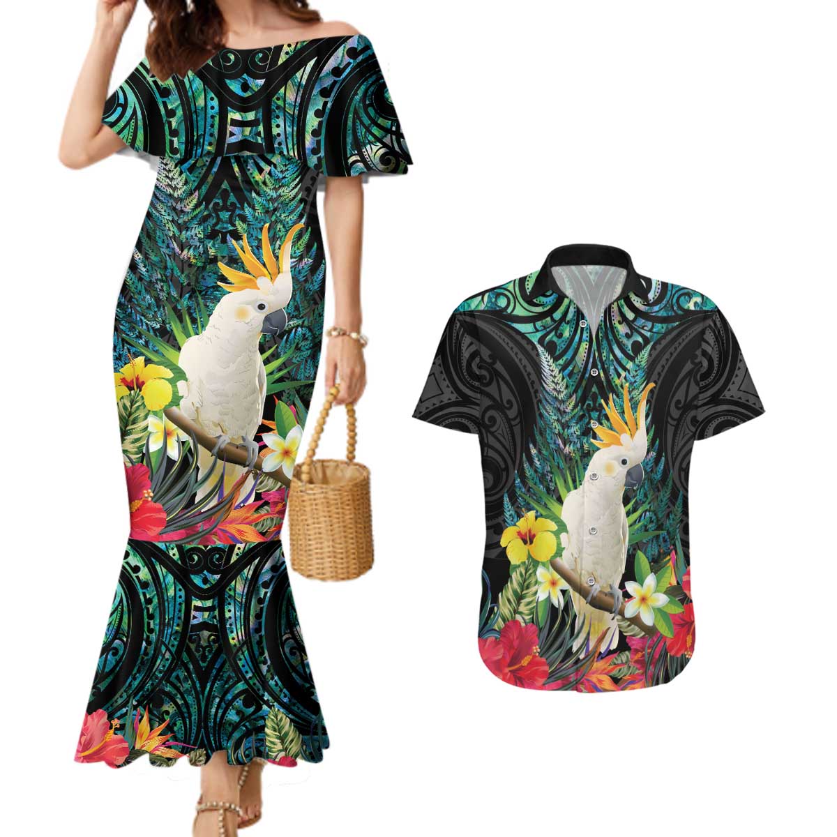 Sulphur-crested Cockatoo New Zealand Couples Matching Mermaid Dress and Hawaiian Shirt Paua Shell Aotearoa Maori Tropical Flowers LT14 Black - Polynesian Pride