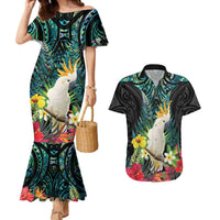 Sulphur-crested Cockatoo New Zealand Couples Matching Mermaid Dress and Hawaiian Shirt Paua Shell Aotearoa Maori Tropical Flowers LT14 Black - Polynesian Pride