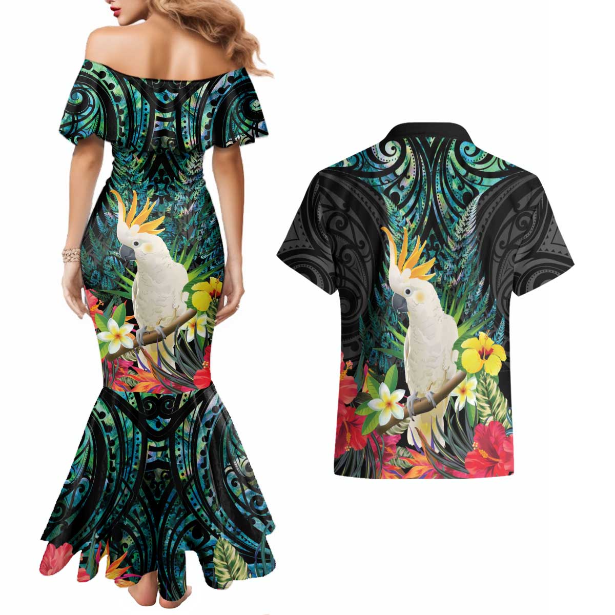 Sulphur-crested Cockatoo New Zealand Couples Matching Mermaid Dress and Hawaiian Shirt Paua Shell Aotearoa Maori Tropical Flowers LT14 - Polynesian Pride