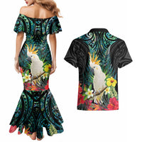 Sulphur-crested Cockatoo New Zealand Couples Matching Mermaid Dress and Hawaiian Shirt Paua Shell Aotearoa Maori Tropical Flowers LT14 - Polynesian Pride