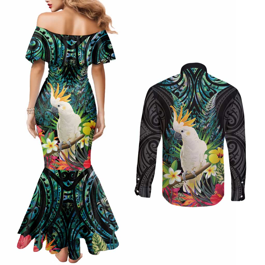 Sulphur-crested Cockatoo New Zealand Couples Matching Mermaid Dress and Long Sleeve Button Shirt Paua Shell Aotearoa Maori Tropical Flowers LT14 - Polynesian Pride