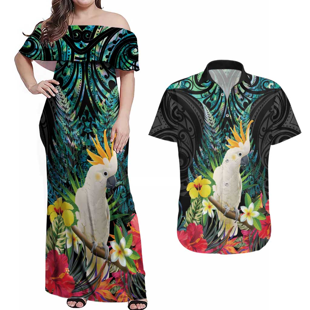 Sulphur-crested Cockatoo New Zealand Couples Matching Off Shoulder Maxi Dress and Hawaiian Shirt Paua Shell Aotearoa Maori Tropical Flowers LT14 Black - Polynesian Pride