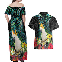 Sulphur-crested Cockatoo New Zealand Couples Matching Off Shoulder Maxi Dress and Hawaiian Shirt Paua Shell Aotearoa Maori Tropical Flowers LT14 - Polynesian Pride