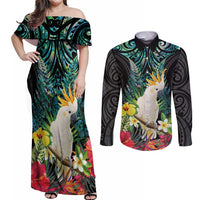 Sulphur-crested Cockatoo New Zealand Couples Matching Off Shoulder Maxi Dress and Long Sleeve Button Shirt Paua Shell Aotearoa Maori Tropical Flowers LT14 Black - Polynesian Pride