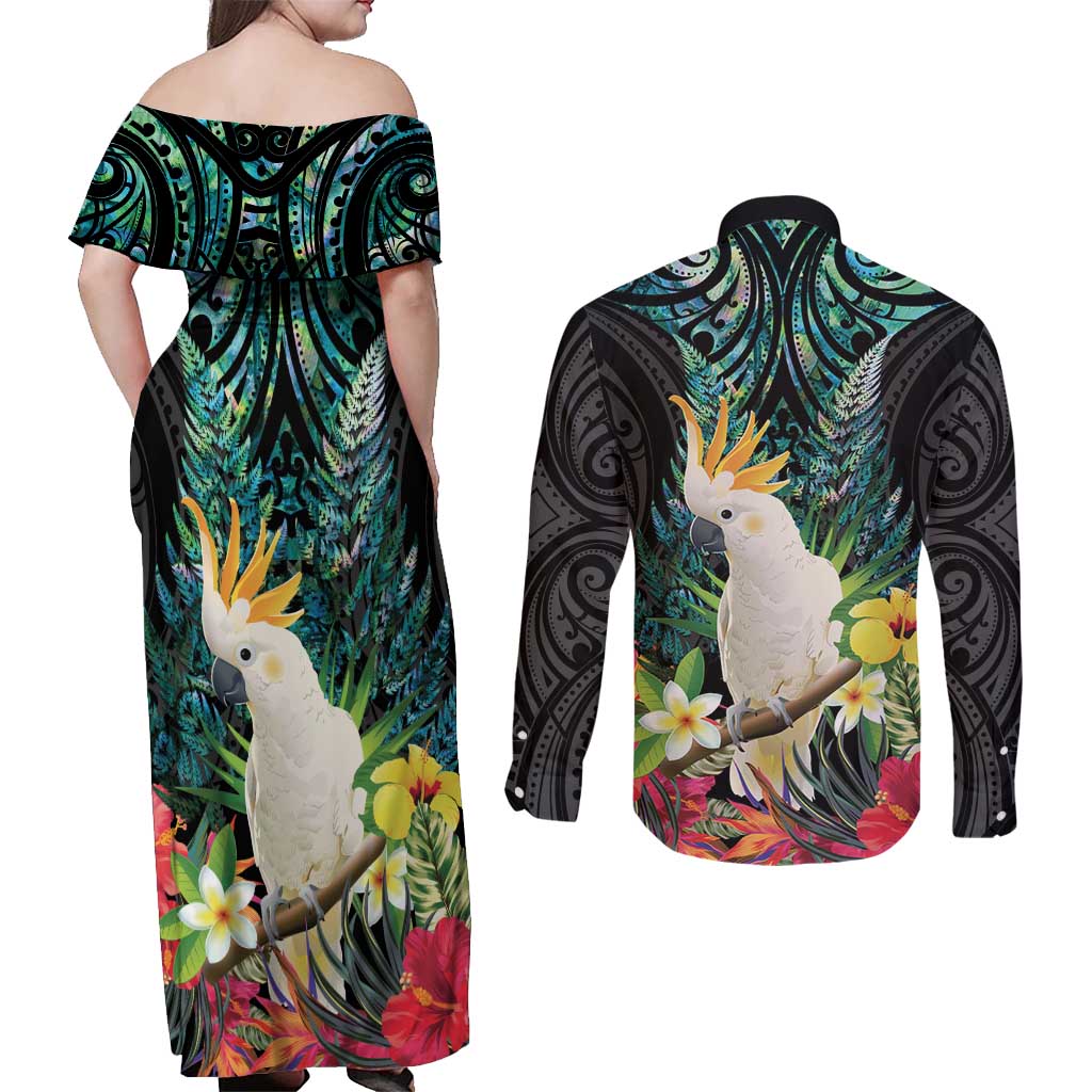 Sulphur-crested Cockatoo New Zealand Couples Matching Off Shoulder Maxi Dress and Long Sleeve Button Shirt Paua Shell Aotearoa Maori Tropical Flowers LT14 - Polynesian Pride