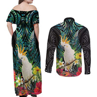Sulphur-crested Cockatoo New Zealand Couples Matching Off Shoulder Maxi Dress and Long Sleeve Button Shirt Paua Shell Aotearoa Maori Tropical Flowers LT14 - Polynesian Pride