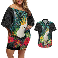 Sulphur-crested Cockatoo New Zealand Couples Matching Off Shoulder Short Dress and Hawaiian Shirt Paua Shell Aotearoa Maori Tropical Flowers LT14 Black - Polynesian Pride