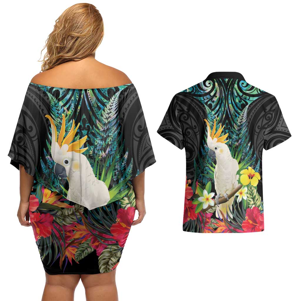 Sulphur-crested Cockatoo New Zealand Couples Matching Off Shoulder Short Dress and Hawaiian Shirt Paua Shell Aotearoa Maori Tropical Flowers LT14 - Polynesian Pride