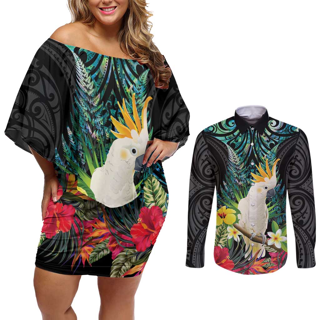 Sulphur-crested Cockatoo New Zealand Couples Matching Off Shoulder Short Dress and Long Sleeve Button Shirt Paua Shell Aotearoa Maori Tropical Flowers LT14 Black - Polynesian Pride