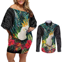 Sulphur-crested Cockatoo New Zealand Couples Matching Off Shoulder Short Dress and Long Sleeve Button Shirt Paua Shell Aotearoa Maori Tropical Flowers LT14 Black - Polynesian Pride