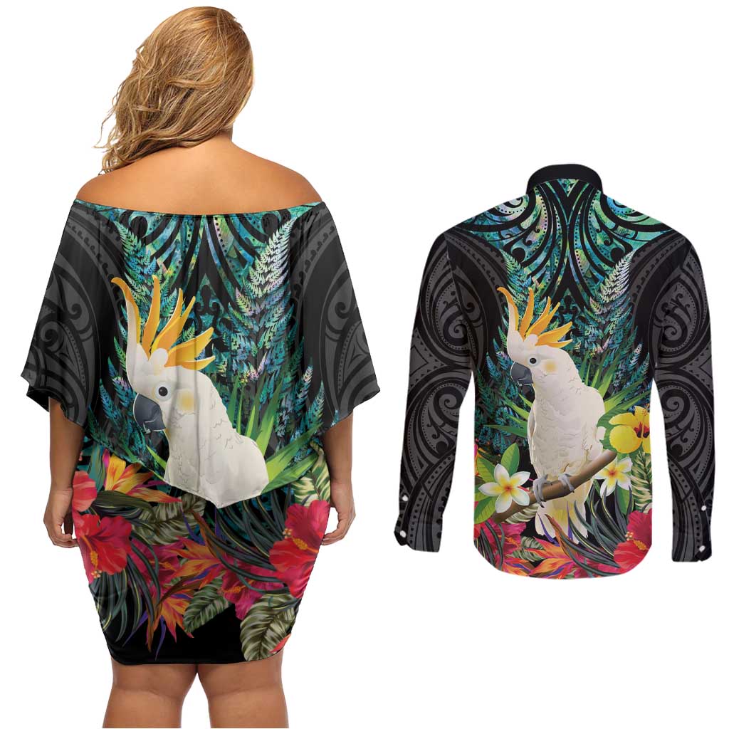 Sulphur-crested Cockatoo New Zealand Couples Matching Off Shoulder Short Dress and Long Sleeve Button Shirt Paua Shell Aotearoa Maori Tropical Flowers LT14 - Polynesian Pride