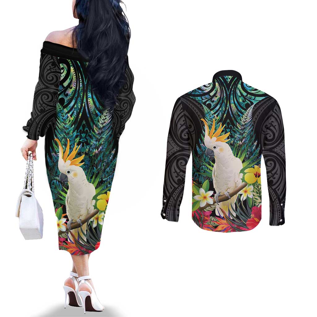 Sulphur-crested Cockatoo New Zealand Couples Matching Off The Shoulder Long Sleeve Dress and Long Sleeve Button Shirt Paua Shell Aotearoa Maori Tropical Flowers LT14 - Polynesian Pride