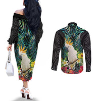 Sulphur-crested Cockatoo New Zealand Couples Matching Off The Shoulder Long Sleeve Dress and Long Sleeve Button Shirt Paua Shell Aotearoa Maori Tropical Flowers LT14 - Polynesian Pride