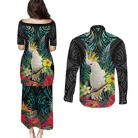 Sulphur-crested Cockatoo New Zealand Couples Matching Puletasi and Long Sleeve Button Shirt Paua Shell Aotearoa Maori Tropical Flowers LT14 - Polynesian Pride
