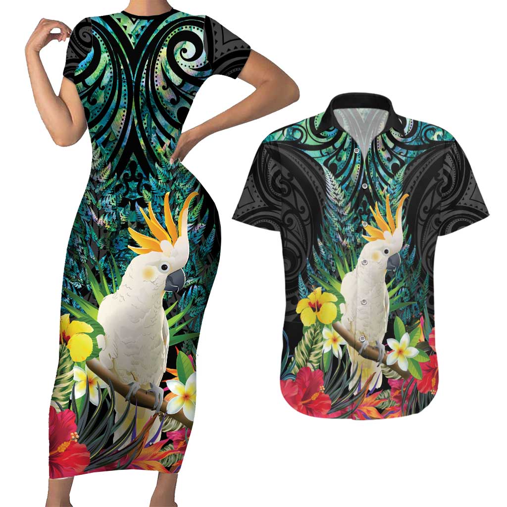 Sulphur-crested Cockatoo New Zealand Couples Matching Short Sleeve Bodycon Dress and Hawaiian Shirt Paua Shell Aotearoa Maori Tropical Flowers LT14 Black - Polynesian Pride