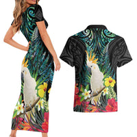 Sulphur-crested Cockatoo New Zealand Couples Matching Short Sleeve Bodycon Dress and Hawaiian Shirt Paua Shell Aotearoa Maori Tropical Flowers LT14 - Polynesian Pride