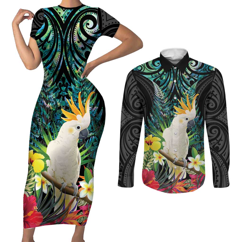 Sulphur-crested Cockatoo New Zealand Couples Matching Short Sleeve Bodycon Dress and Long Sleeve Button Shirt Paua Shell Aotearoa Maori Tropical Flowers - Polynesian Pride