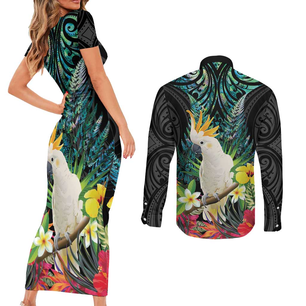 Sulphur-crested Cockatoo New Zealand Couples Matching Short Sleeve Bodycon Dress and Long Sleeve Button Shirt Paua Shell Aotearoa Maori Tropical Flowers LT14 - Polynesian Pride