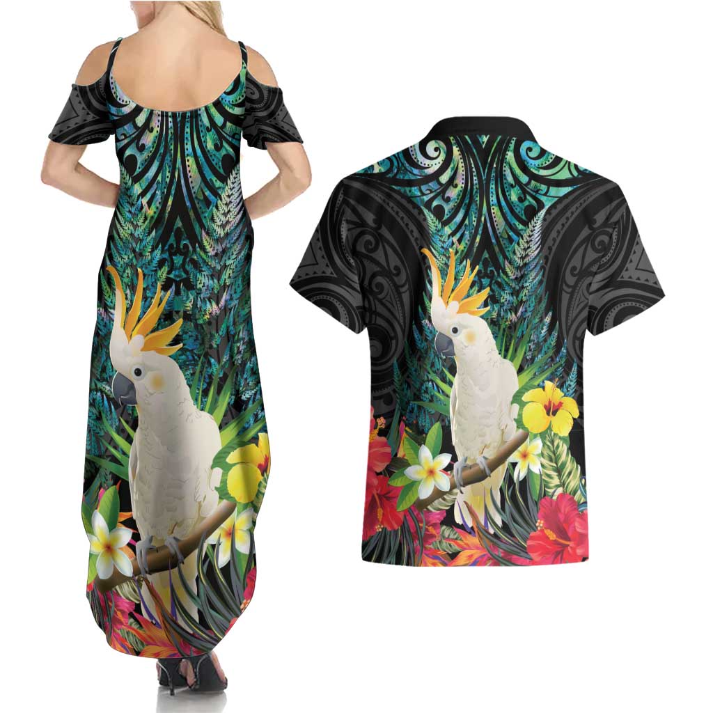 Sulphur-crested Cockatoo New Zealand Couples Matching Summer Maxi Dress and Hawaiian Shirt Paua Shell Aotearoa Maori Tropical Flowers LT14 - Polynesian Pride