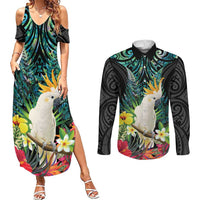 Sulphur-crested Cockatoo New Zealand Couples Matching Summer Maxi Dress and Long Sleeve Button Shirt Paua Shell Aotearoa Maori Tropical Flowers LT14 Black - Polynesian Pride