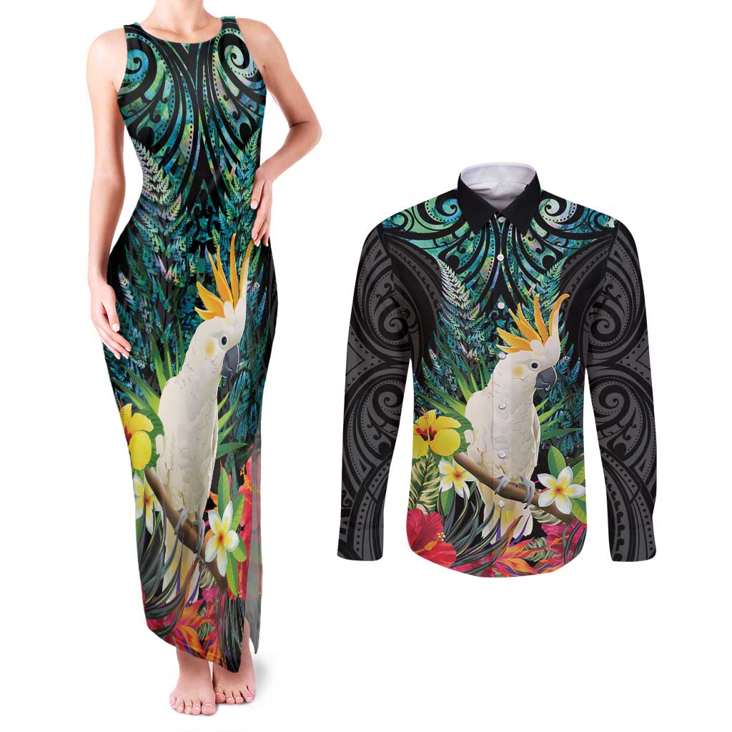Sulphur-crested Cockatoo New Zealand Couples Matching Tank Maxi Dress and Long Sleeve Button Shirt Paua Shell Aotearoa Maori Tropical Flowers LT14 Black - Polynesian Pride