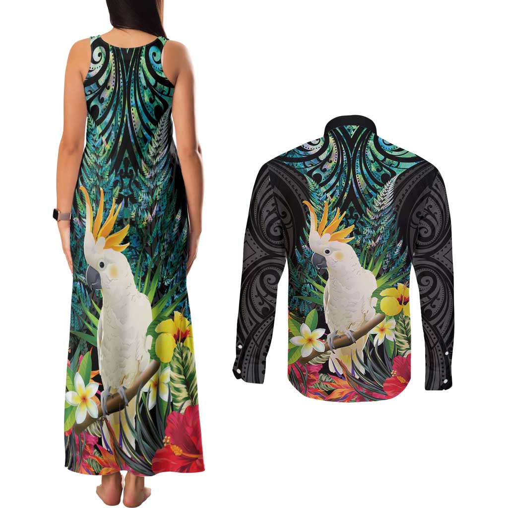 Sulphur-crested Cockatoo New Zealand Couples Matching Tank Maxi Dress and Long Sleeve Button Shirt Paua Shell Aotearoa Maori Tropical Flowers LT14 - Polynesian Pride