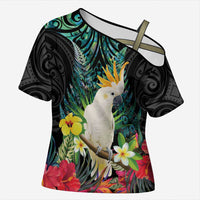 Sulphur-crested Cockatoo New Zealand Cross Shoulder Shirt Paua Shell Aotearoa Maori Tropical Flowers LT14 Female Black - Polynesian Pride