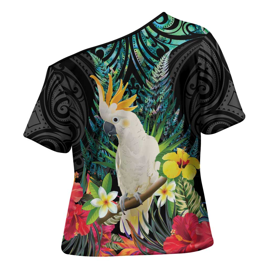 Sulphur-crested Cockatoo New Zealand Cross Shoulder Shirt Paua Shell Aotearoa Maori Tropical Flowers LT14 - Polynesian Pride