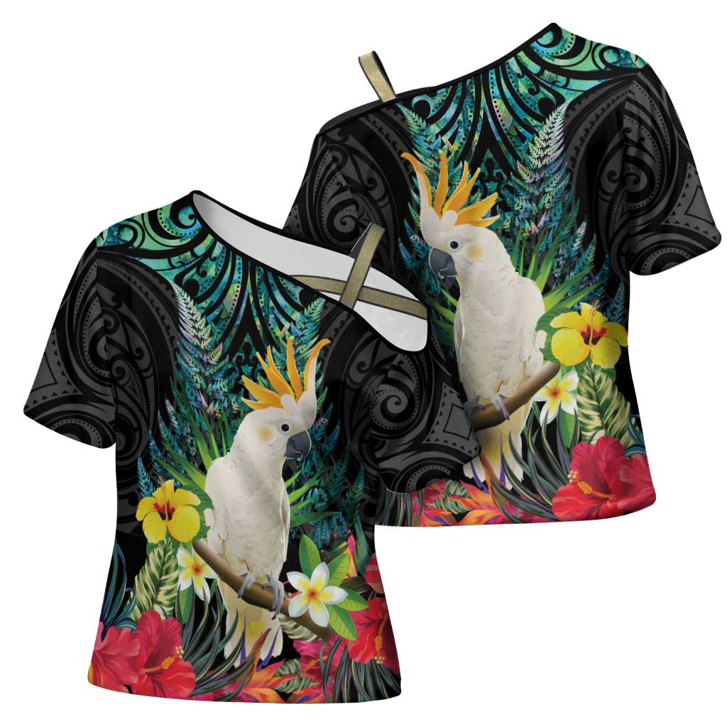 Sulphur-crested Cockatoo New Zealand Cross Shoulder Shirt Paua Shell Aotearoa Maori Tropical Flowers LT14 - Polynesian Pride