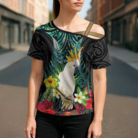 Sulphur-crested Cockatoo New Zealand Cross Shoulder Shirt Paua Shell Aotearoa Maori Tropical Flowers LT14 - Polynesian Pride